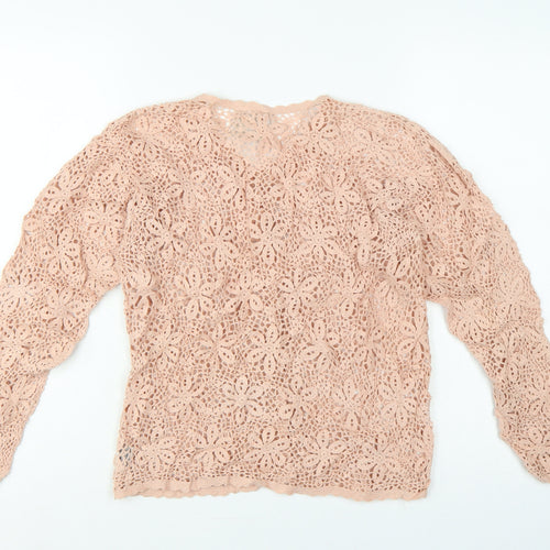 River Island Women Pink Size 10 Floral Crochet Button V-Neck Blouse