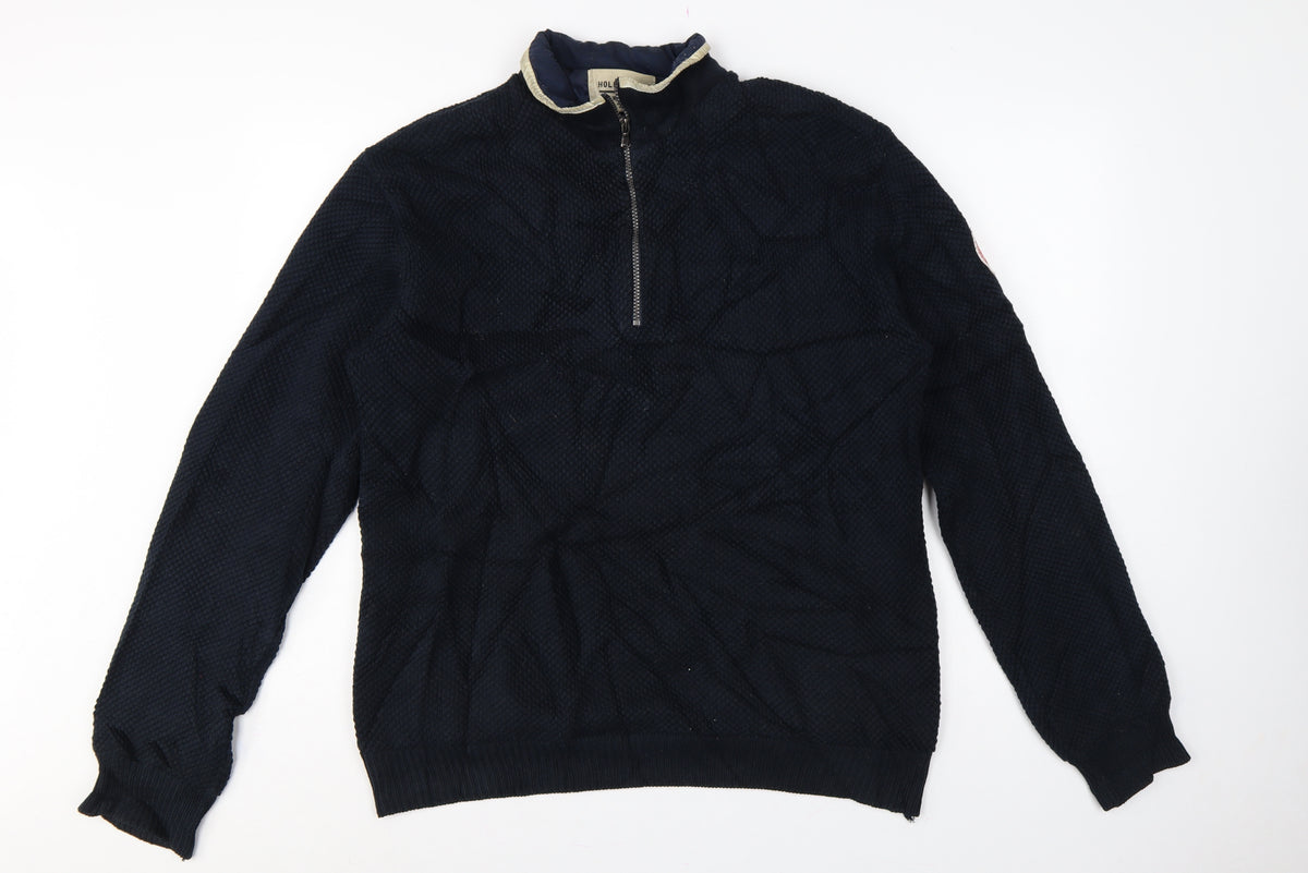 Holebrook Men’s Blue L 1/4 Zip High Neck Knit Jumper Logo Patch