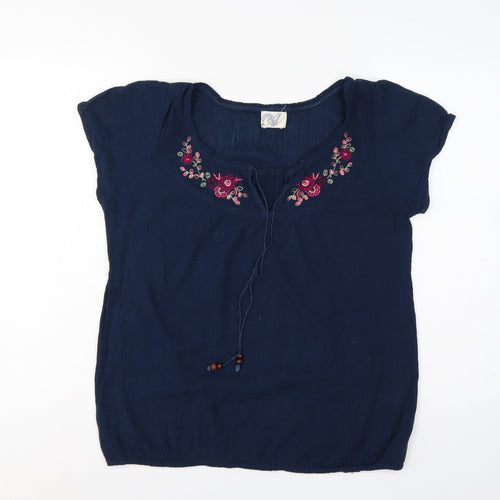 Bhs Women’s Navy Blue Size 14 Embroidered Cap Sleeve Tie Blouse