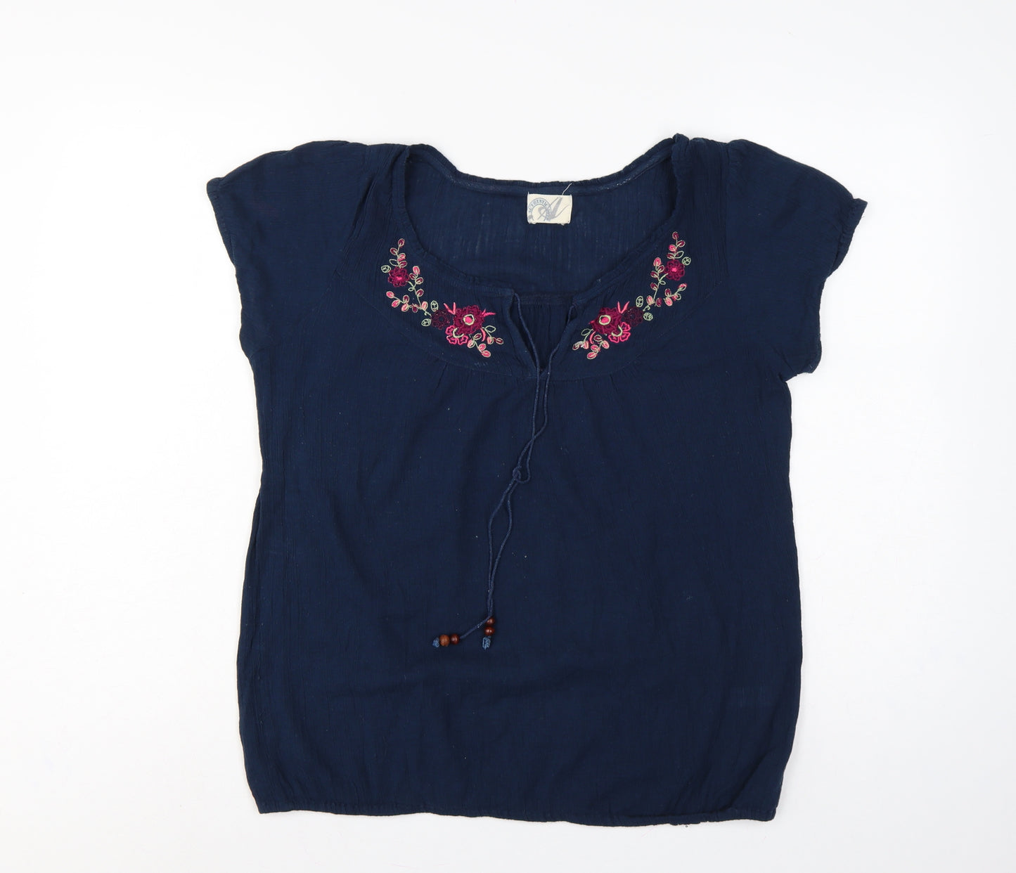 Bhs Women’s Navy Blue Size 14 Embroidered Cap Sleeve Tie Blouse