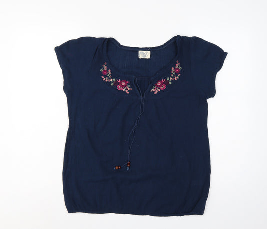 Bhs Women’s Navy Blue Size 14 Embroidered Cap Sleeve Tie Blouse