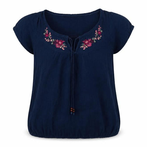 Bhs Women’s Navy Blue Size 14 Embroidered Cap Sleeve Tie Blouse