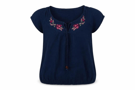 Bhs Women’s Navy Blue Size 14 Embroidered Cap Sleeve Tie Blouse