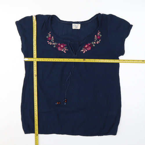 Bhs Women’s Navy Blue Size 14 Embroidered Cap Sleeve Tie Blouse