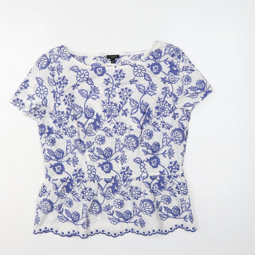 Talbots Women White Blue Floral Embroidered Cotton Tunic Blouse UK 12