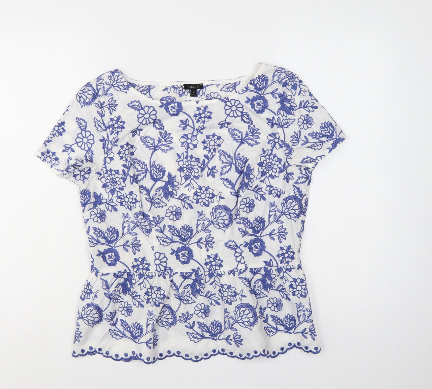 Talbots Women White Blue Floral Embroidered Cotton Tunic Blouse UK 12