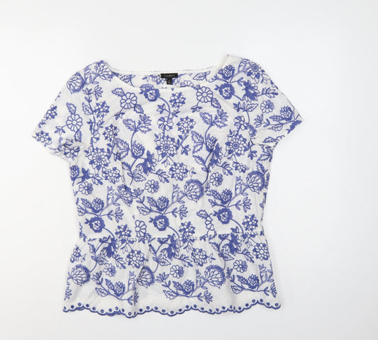 Talbots Women White Blue Floral Embroidered Cotton Tunic Blouse UK 12
