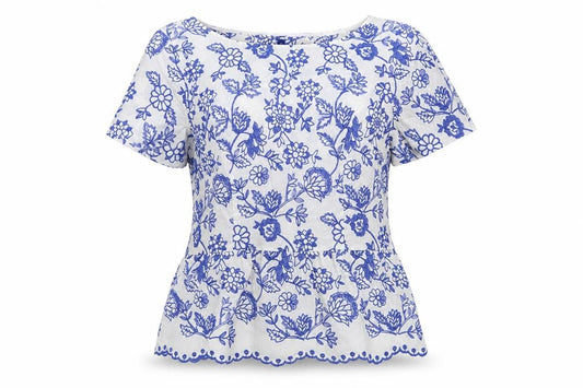 Front view of Talbots Women White Blue Floral Embroidered Cotton Tunic Blouse UK 12