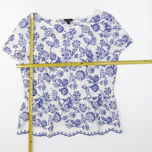 Talbots Women White Blue Floral Embroidered Cotton Tunic Blouse UK 12