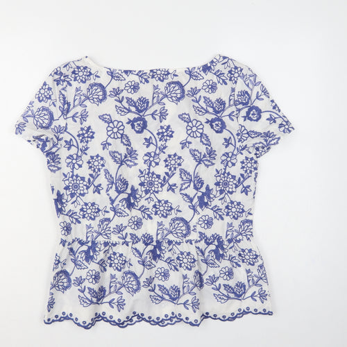 Talbots Women White Blue Floral Embroidered Cotton Tunic Blouse UK 12