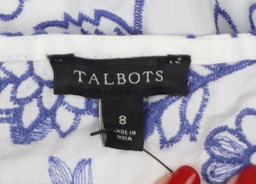 Talbots Women White Blue Floral Embroidered Cotton Tunic Blouse UK 12