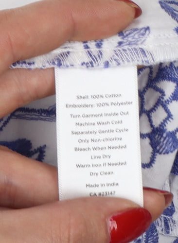 Talbots Women White Blue Floral Embroidered Cotton Tunic Blouse UK 12