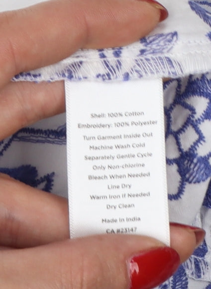 Talbots Women White Blue Floral Embroidered Cotton Tunic Blouse UK 12