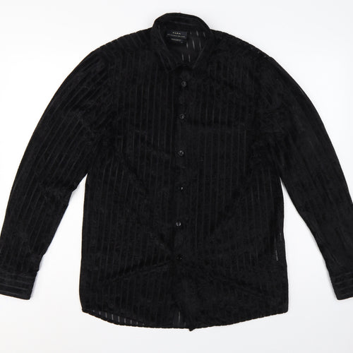 Zara Unisex Black M Velvet Stripe Button-Up Shirt Regular Fit