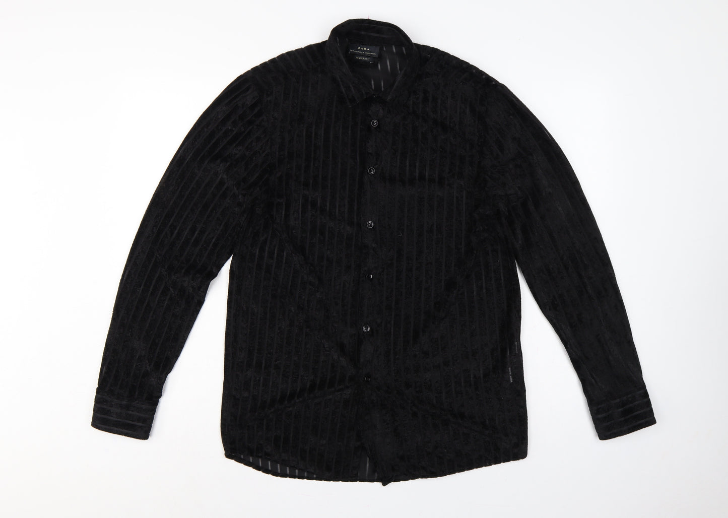 Zara Unisex Black M Velvet Stripe Button-Up Shirt Regular Fit