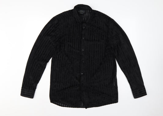 Zara Unisex Black M Velvet Stripe Button-Up Shirt Regular Fit