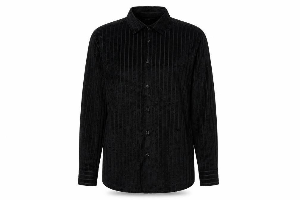 Front view of Zara unisex black m velvet stripe button-up shirt regular fit