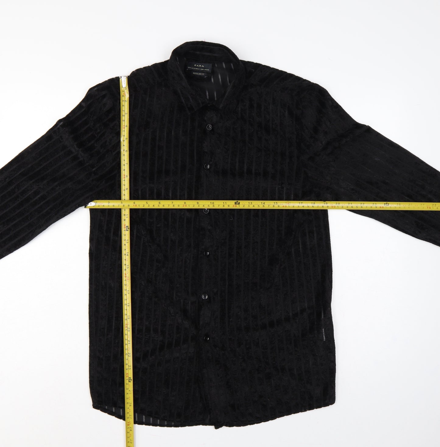 Zara Unisex Black M Velvet Stripe Button-Up Shirt Regular Fit
