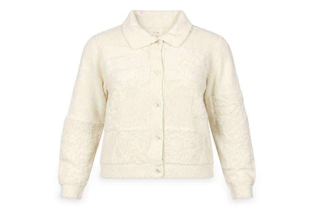 Front view of Per Una Women Ivory L Collared Button Chunky Knit Cardigan