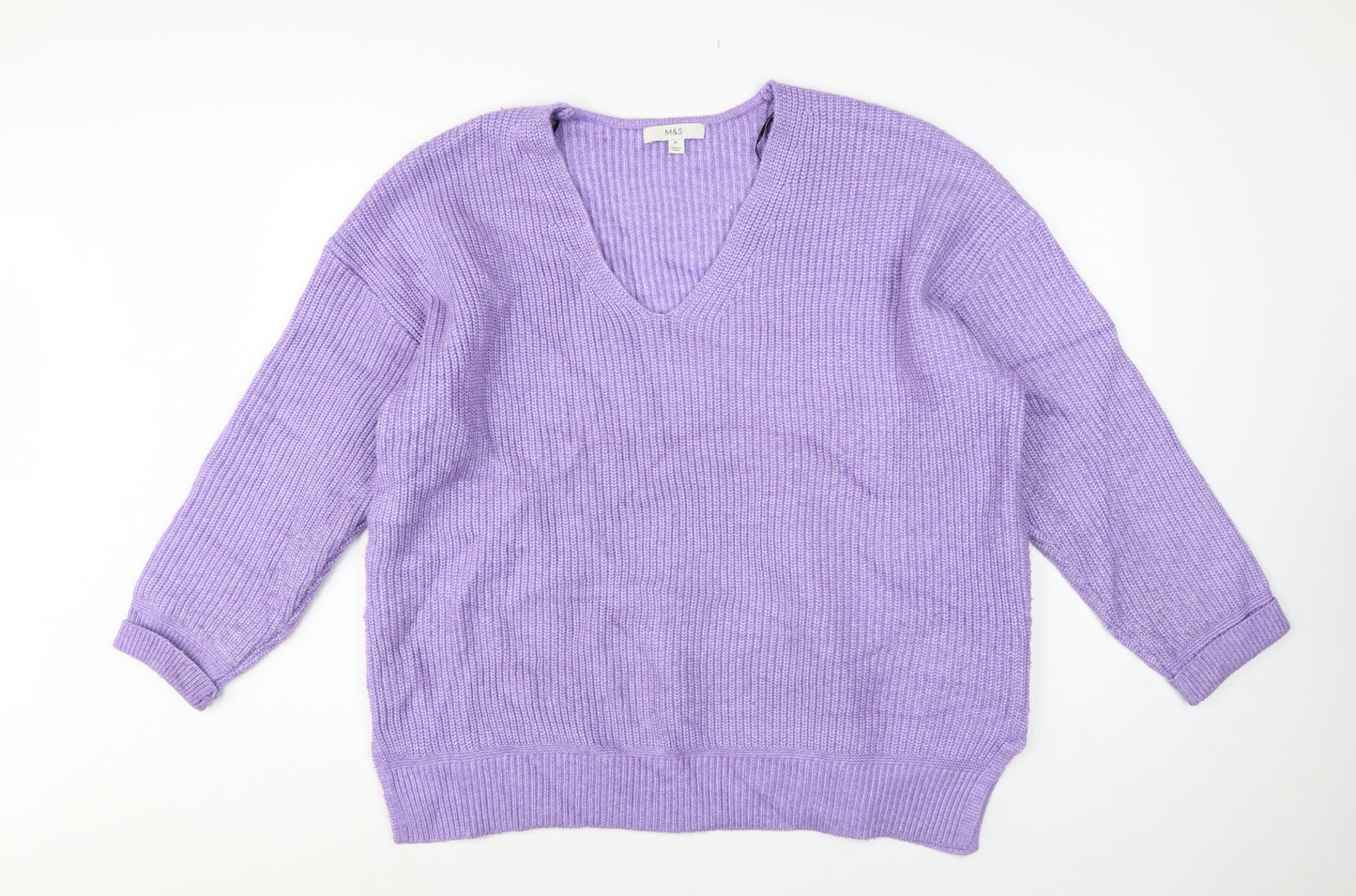 Marks and Spencer Women Purple XL V-Neck Rib Knit Relaxed Jumper