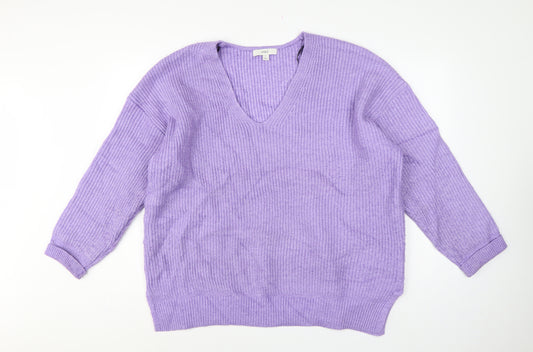 Marks and Spencer Women Purple XL V-Neck Rib Knit Relaxed Jumper