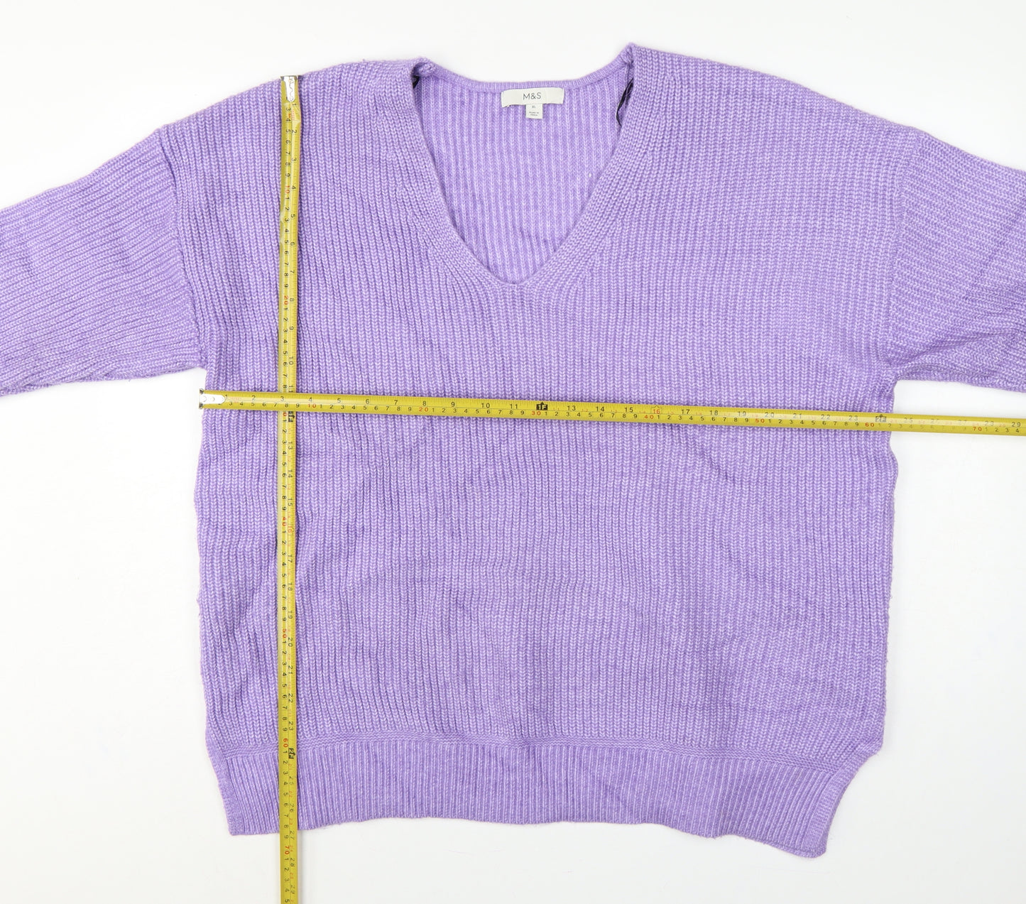 Marks and Spencer Women Purple XL V-Neck Rib Knit Relaxed Jumper