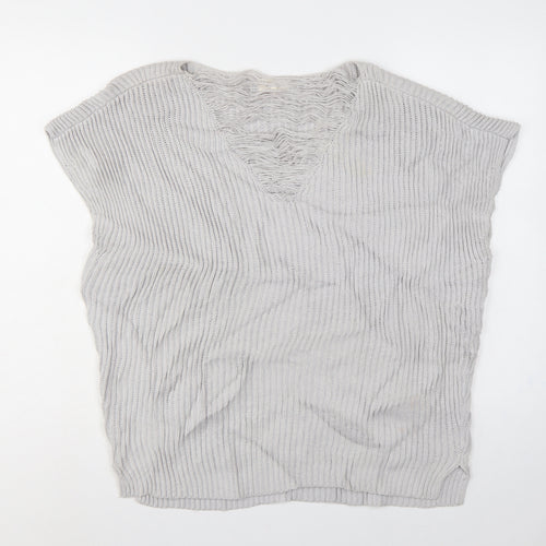 Linea Weekend Women Grey M Fringe V-Neck Ribbed Knit Tunic Jumper