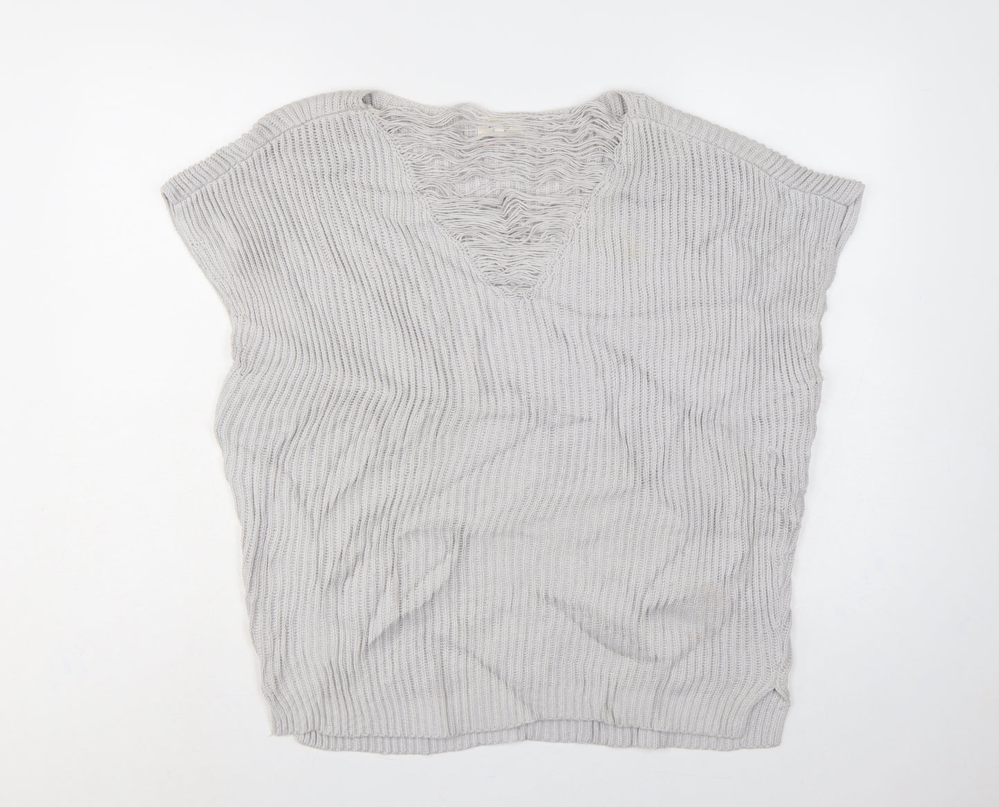 Linea Weekend Women Grey M Fringe V-Neck Ribbed Knit Tunic Jumper
