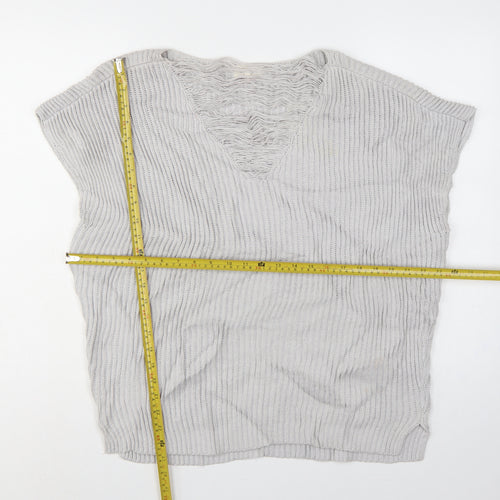 Linea Weekend Women Grey M Fringe V-Neck Ribbed Knit Tunic Jumper