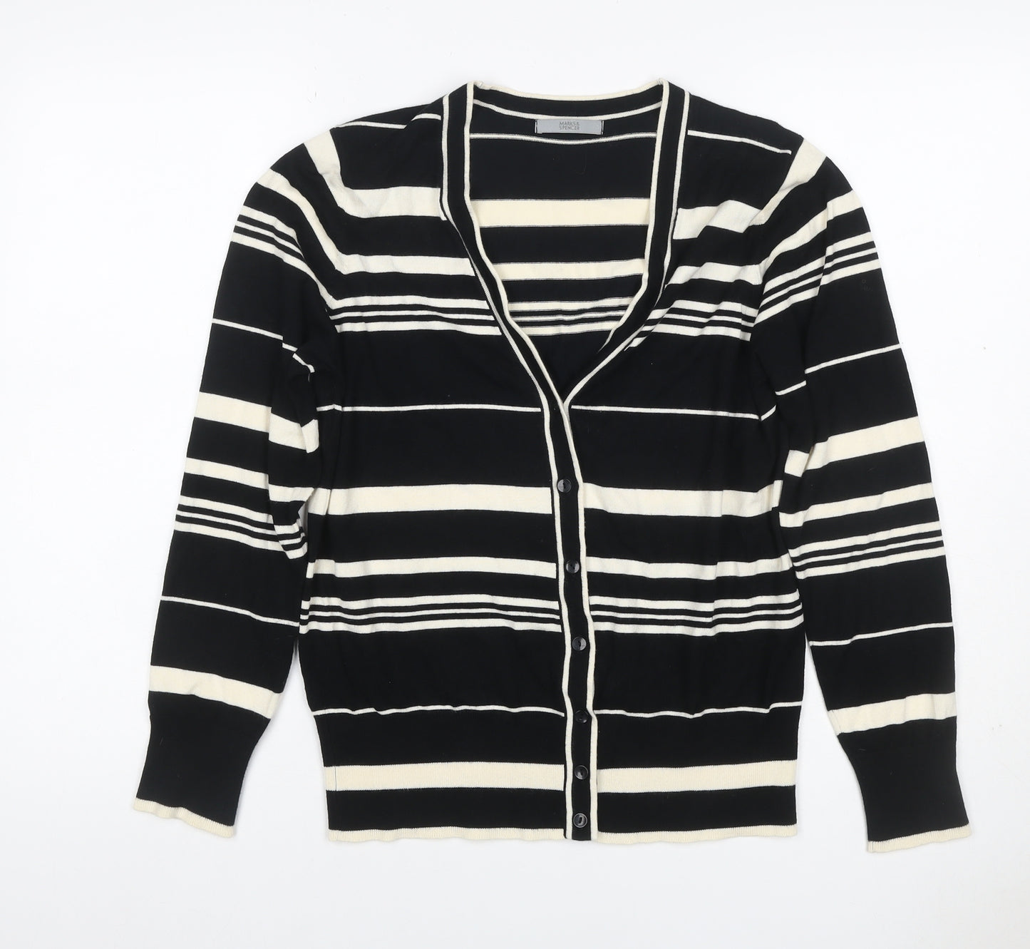 Marks & Spencer Women Black Stripe V-Neck Cotton Cardigan UK 16