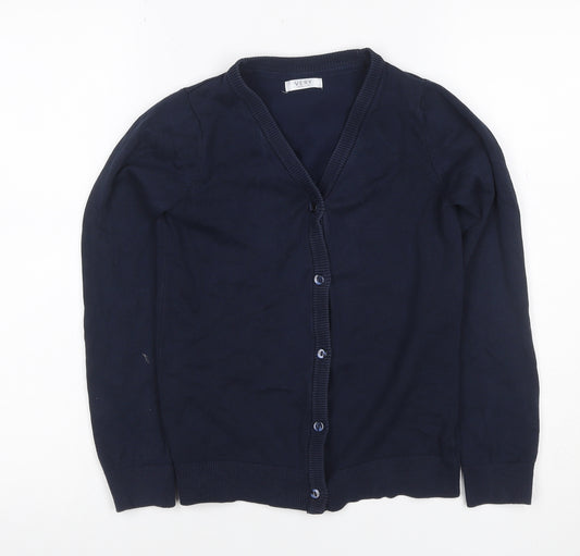 Front view of Very girls’ blue 10-11 years v-neck button knit school cardigan