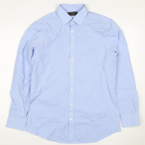 Marks & Spencer Men's Blue 16 Slim Cotton Check Long Sleeve Shirt