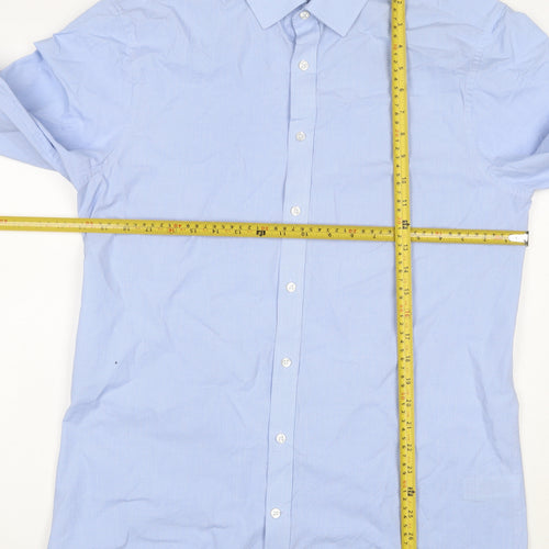 Marks & Spencer Men's Blue 16 Slim Cotton Check Long Sleeve Shirt