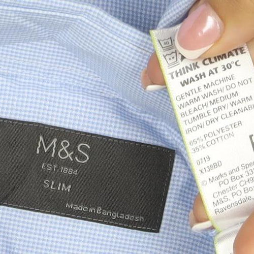 Marks & Spencer Men's Blue 16 Slim Cotton Check Long Sleeve Shirt