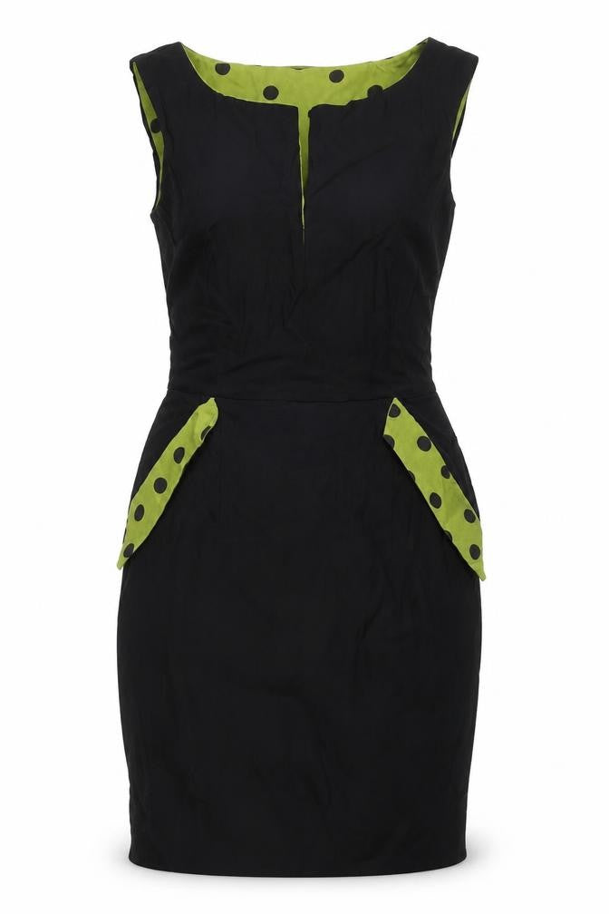 Cappuccini Women Black Green Polka Dot Shift Dress Size M Stretch