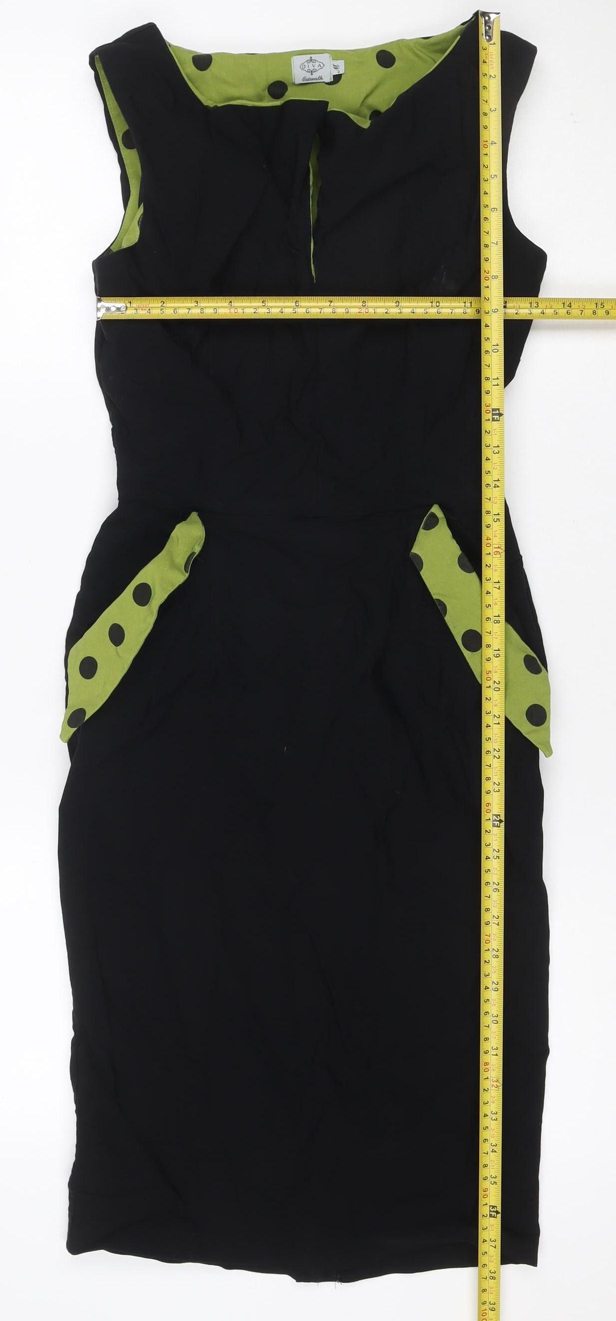 Cappuccini Women Black Green Polka Dot Shift Dress Size M Stretch