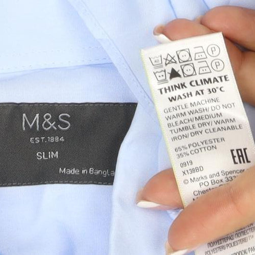 Marks and Spencer Men Blue 16 Slim Fit Long Sleeve Business Shirt