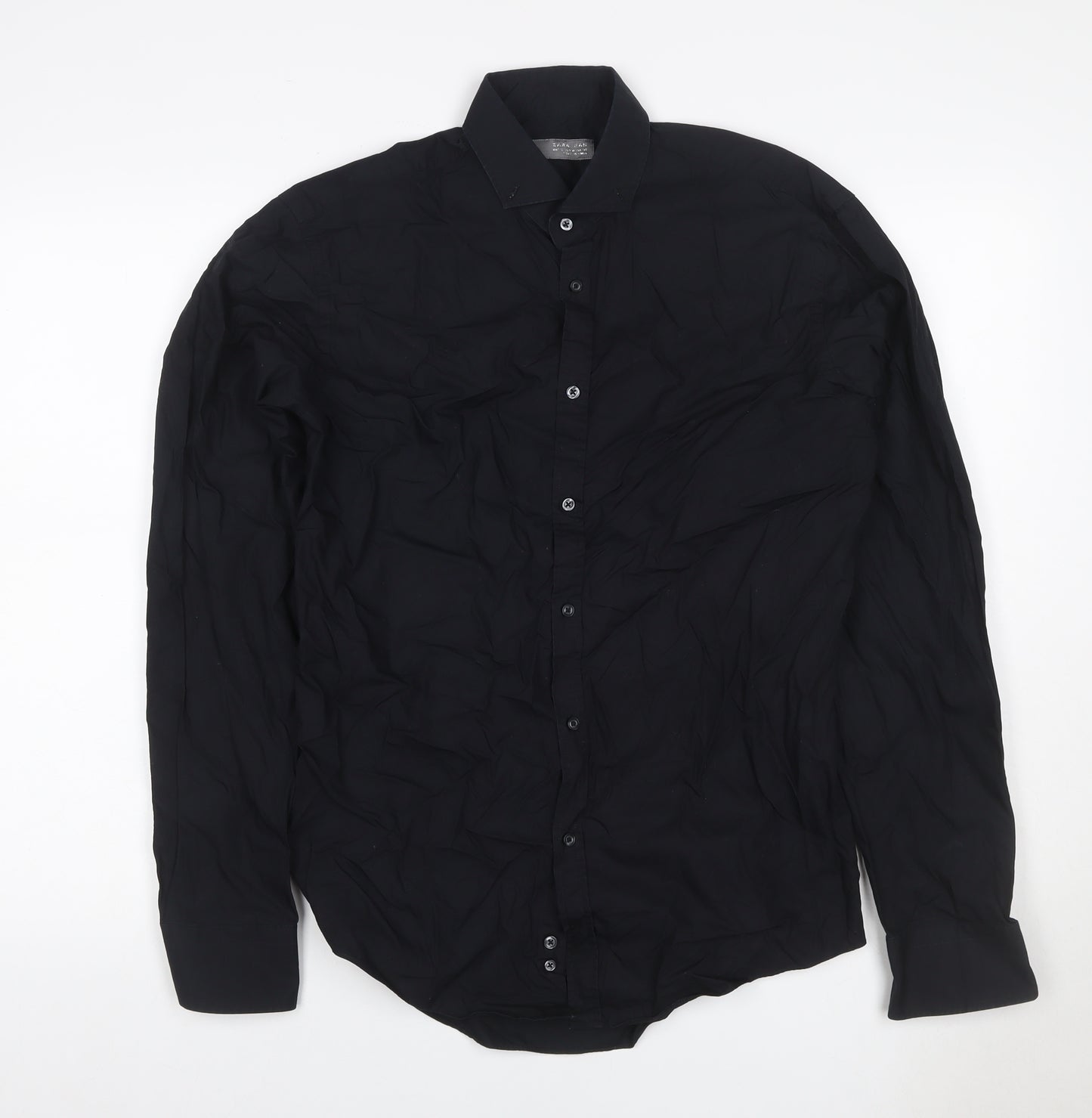 Zara Men Black M Slim Fit Cotton Long Sleeve Button-Up Shirt
