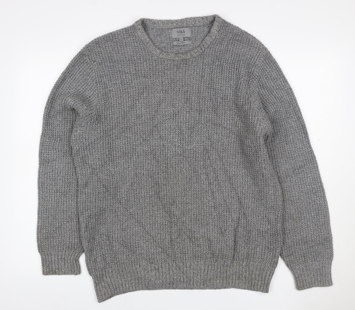 Marks and Spencer Men's Grey L Pure Cotton Rib Knit Crew Neck Jumper