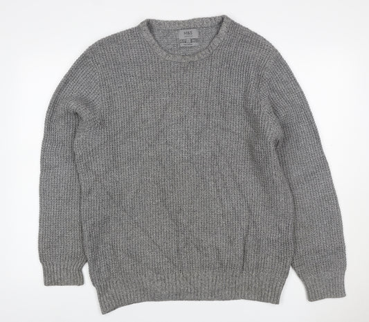 Marks and Spencer Men's Grey L Pure Cotton Rib Knit Crew Neck Jumper