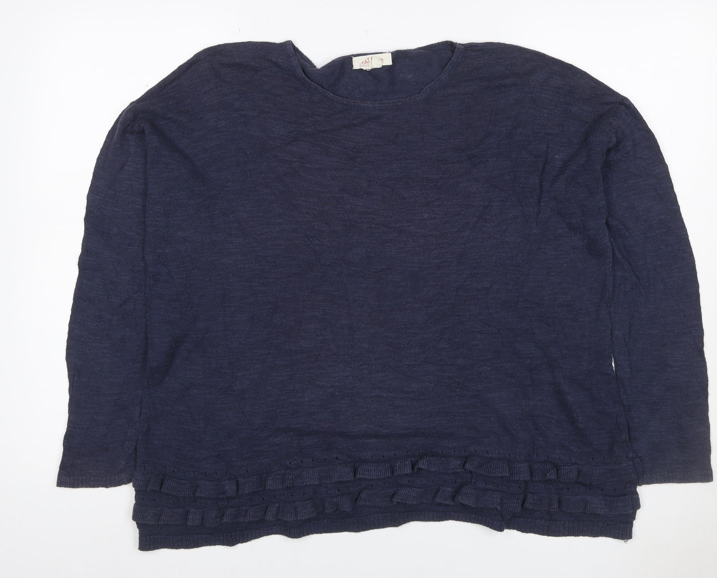KAT Women’s Navy Blue Linen Blend Ruffle Knit Jumper UK 10 Long Sleeve