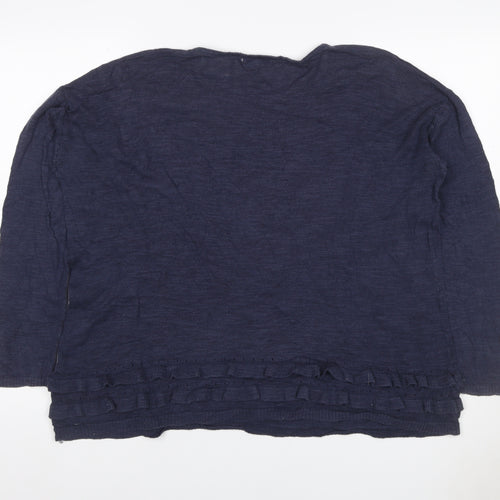 KAT Women’s Navy Blue Linen Blend Ruffle Knit Jumper UK 10 Long Sleeve