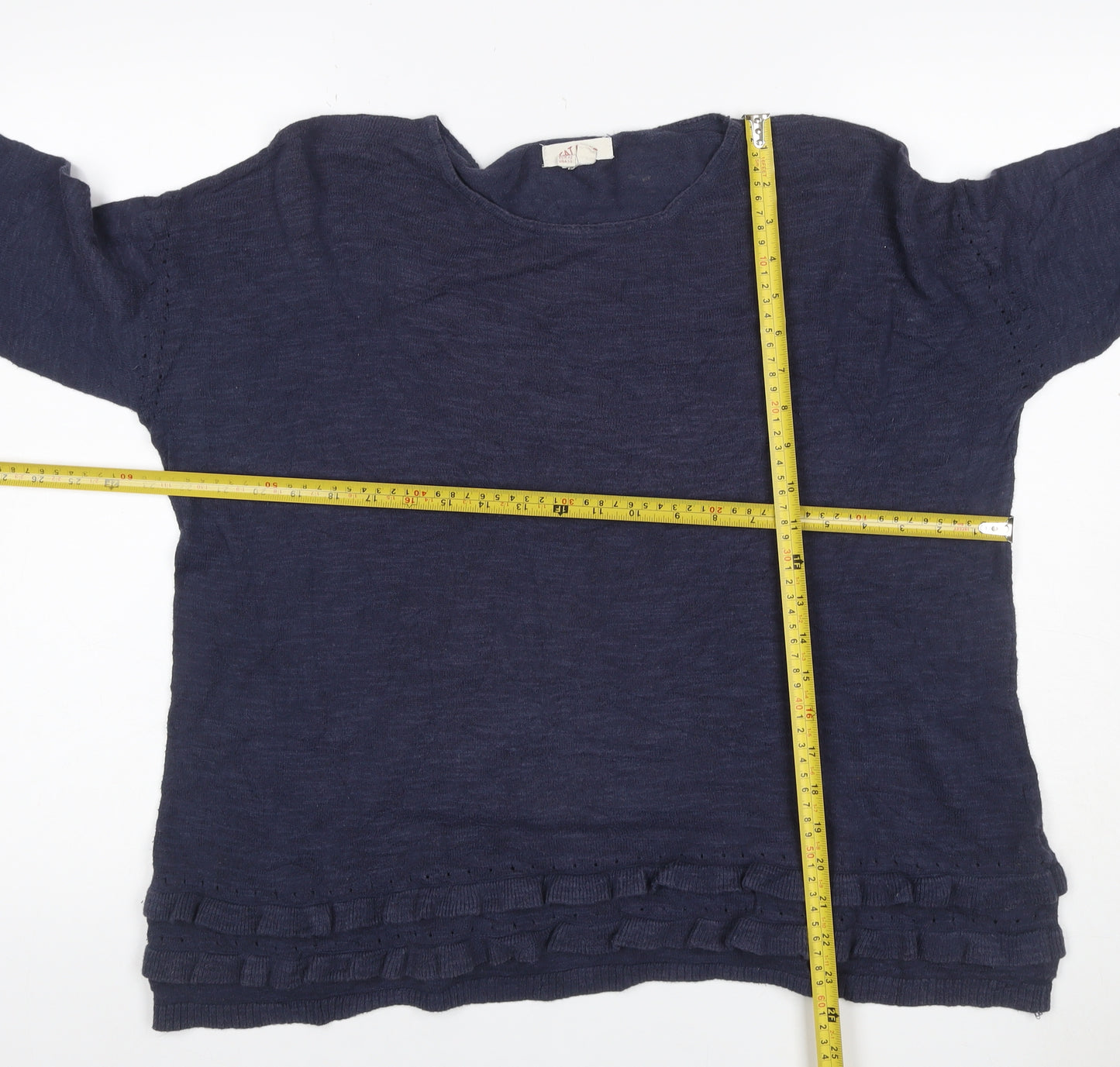 KAT Women’s Navy Blue Linen Blend Ruffle Knit Jumper UK 10 Long Sleeve