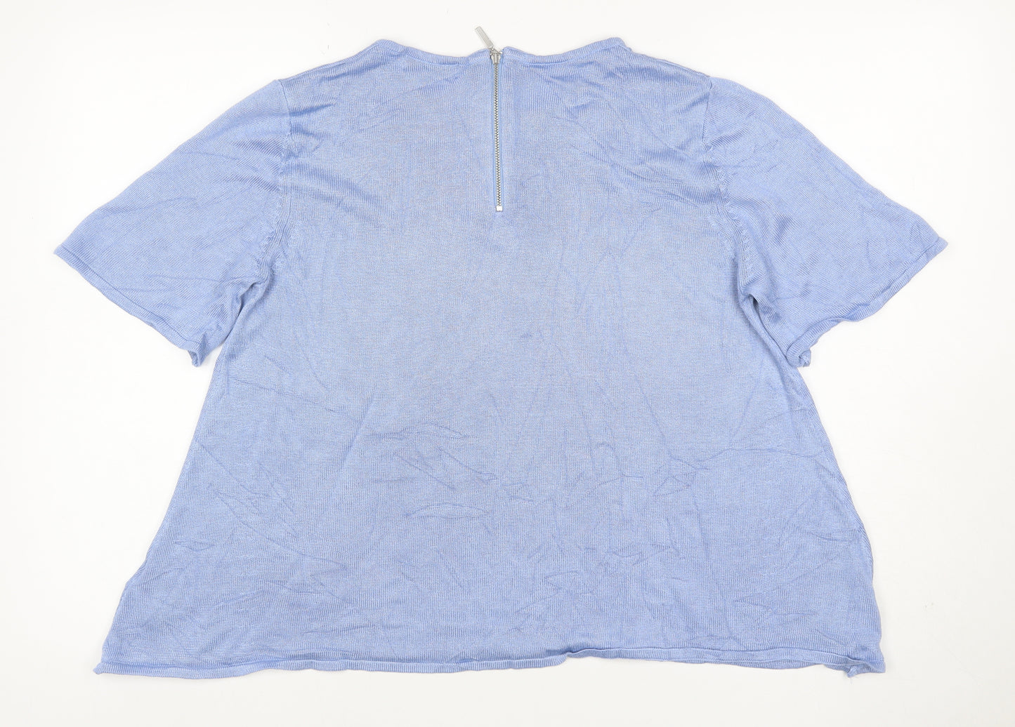M&S Per Una Women Blue UK 14 Modal Knit Short Sleeve Zip Top