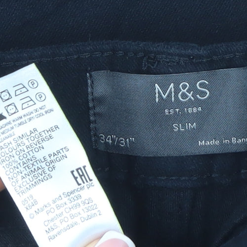 Marks & Spencer Men's Black 34/31 Slim Fit Cotton Trousers