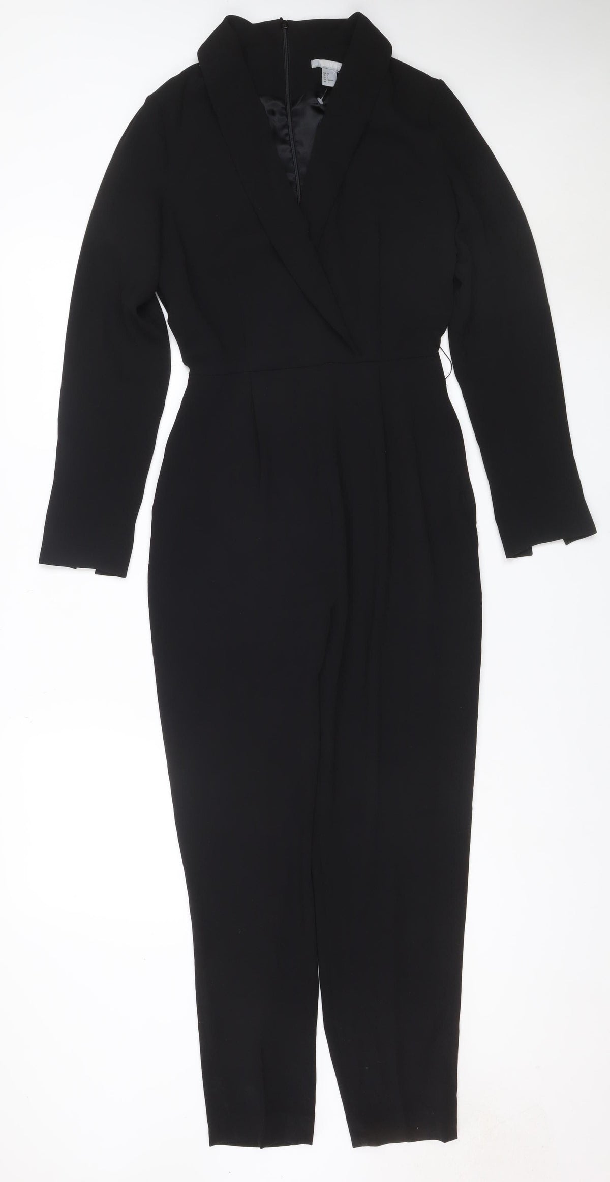H&M Women Black UK 6 Long Sleeve V-Neck Tailored Straight Leg Jumpsuit