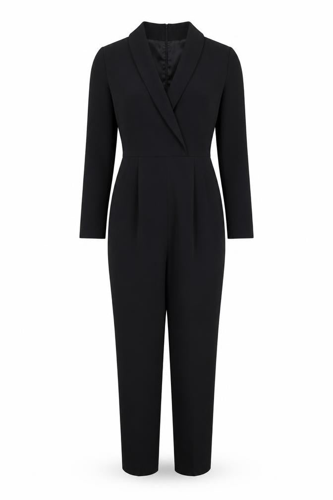 H&M Women Black UK 6 Long Sleeve V-Neck Tailored Straight Leg Jumpsuit