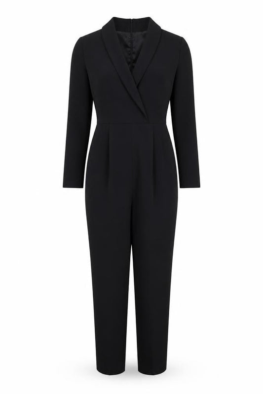 H&M Women Black UK 6 Long Sleeve V-Neck Tailored Straight Leg Jumpsuit