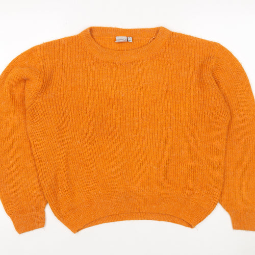 ICHI Women's Orange S Rib Knit Crew Neck Raglan Jumper