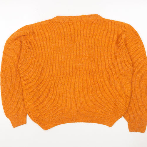ICHI Women's Orange S Rib Knit Crew Neck Raglan Jumper